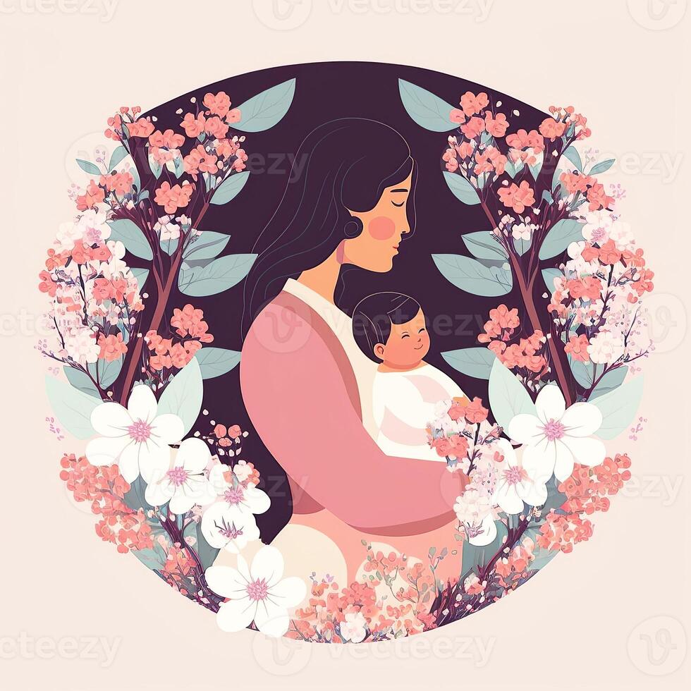 Portrait of Young Woman Lapping Her Son, Floral Decorated on Background. Concept of Mothers Day, Relationship Between Mother and Child. Created By Technology. photo