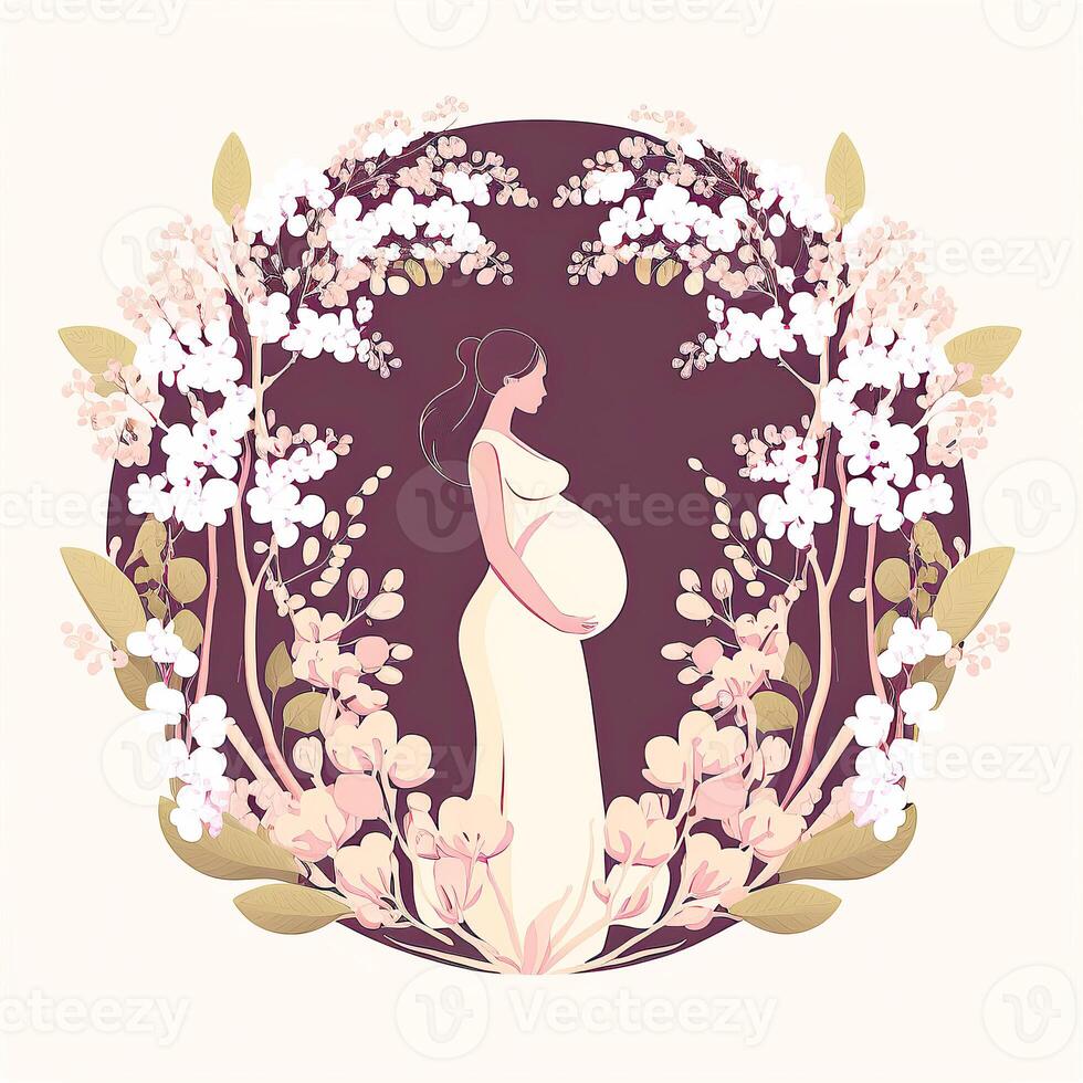 Portrait of Pregnant Woman Touching Her Belly, Floral Decorated on Background. Concept of Pregnancy, Parenthood, Mothers Day. Created By Technology. photo