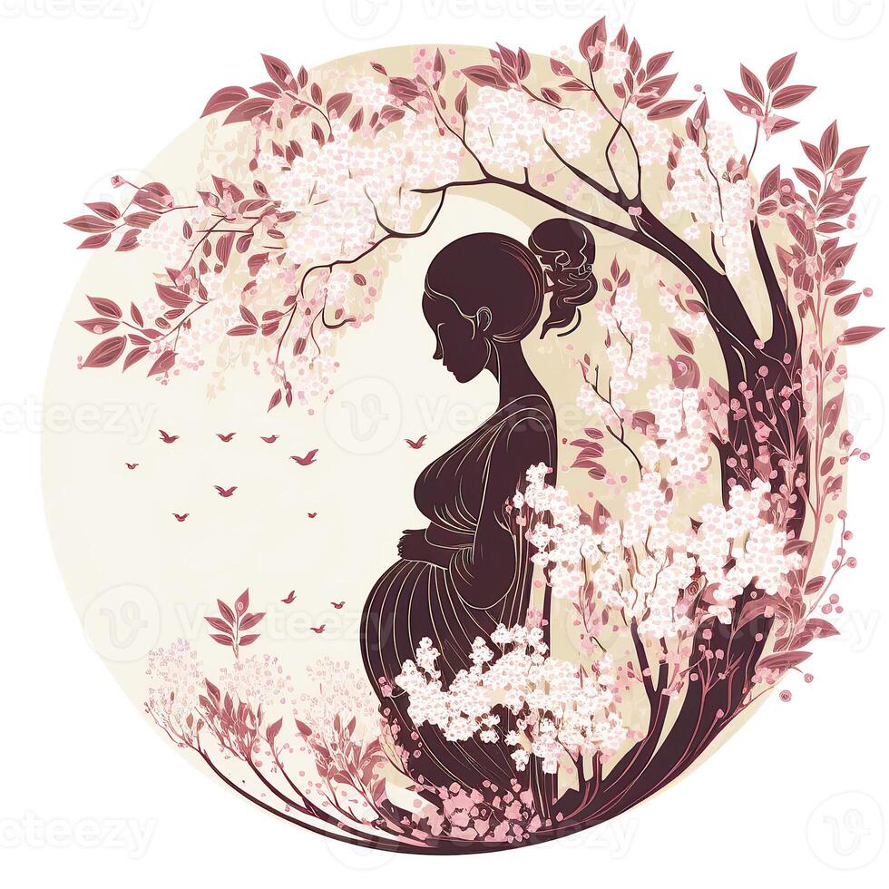 Portrait of Pregnant Woman Touching Her Belly, Floral Decorated on Background. Concept of Pregnancy, Parenthood, Mothers Day. Created By Technology. photo