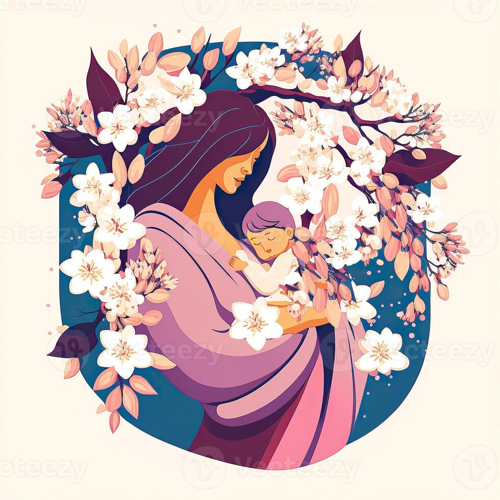 Portrait of Young Woman Lapping Her Son, Floral Decorated on Background. Concept of Mothers Day, Relationship Between Mother and Child. Created By Technology. photo