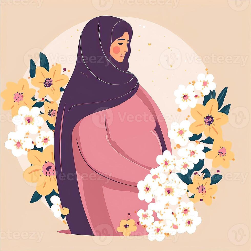 Illustration of Arabian Pregnant Woman in Traditional Attire and Floral Decorated on Background. Concept of Pregnancy, Parenthood, Mothers Day. Created By Technology. photo