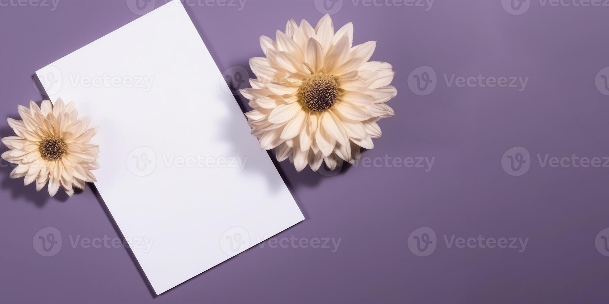 Top View of Blank White Paper Card and Daisy Flowers, Mockup Banner for Design or Product Placement Created Using . photo