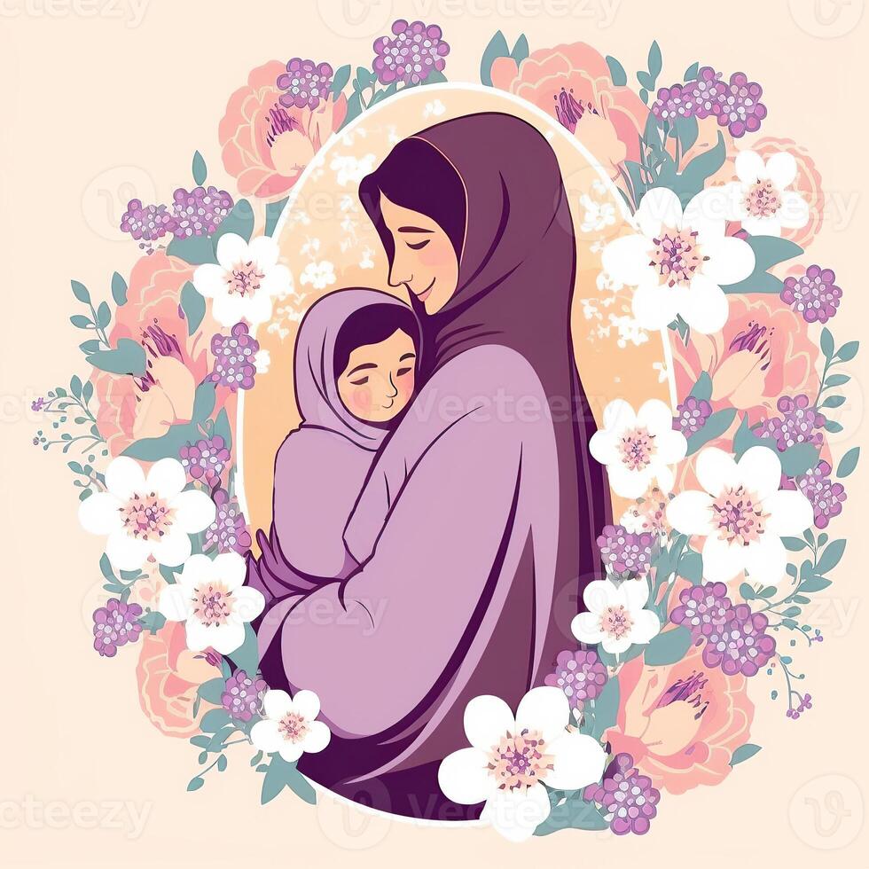 Illustration of Pretty Arabian Woman with Her Little Daughter in HIjab, Floral Decorated on Background. Concept of Mother's Day. Created By Technology. photo