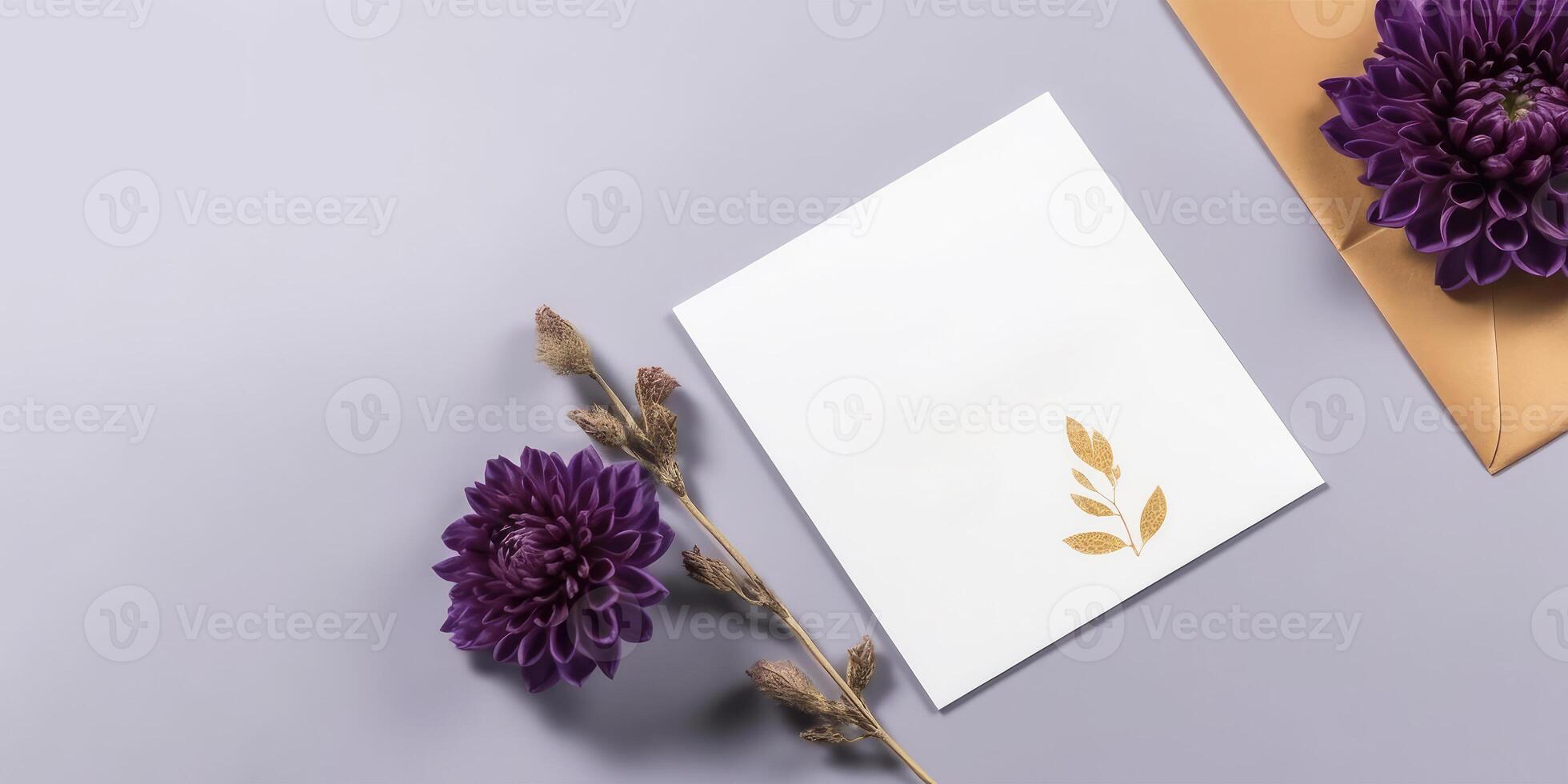 Top View of Invitation Card Mockup with Purple Dahlia Flowers, Dried Buds Twig on Pastel Blue Background, . photo