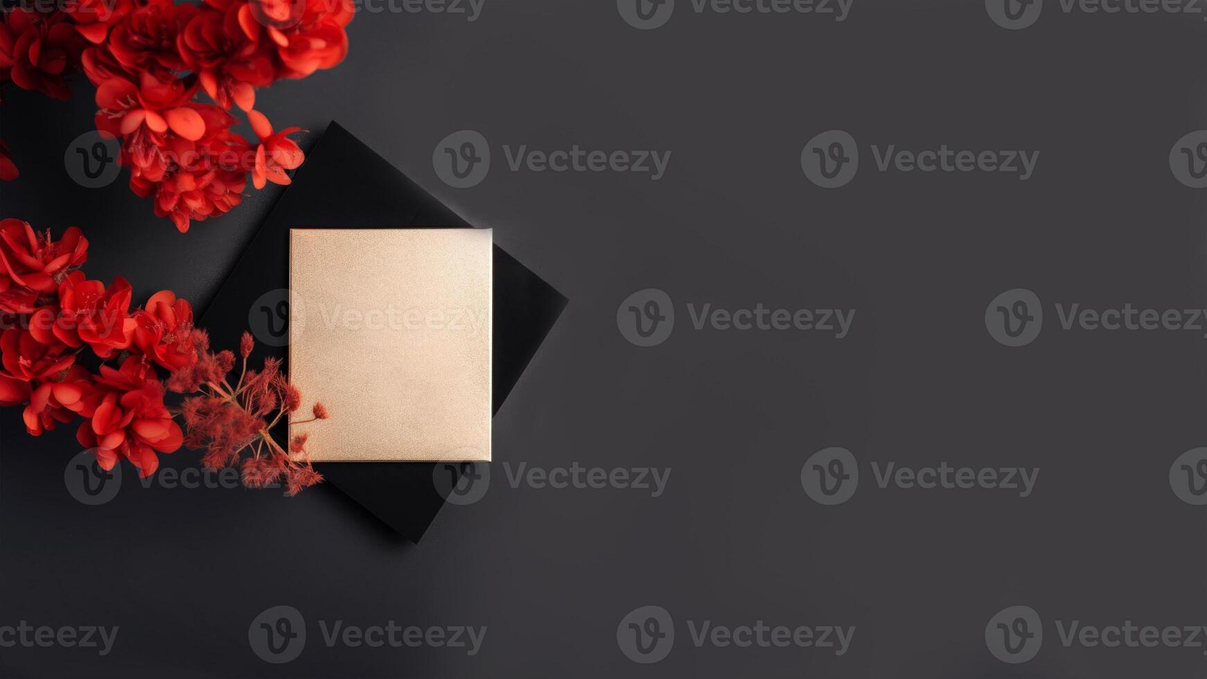 Top View of Invitation Card Mockup and Red Flower Branch on Dark Background. Minimal Aesthetic Wedding Invitation Template. . photo