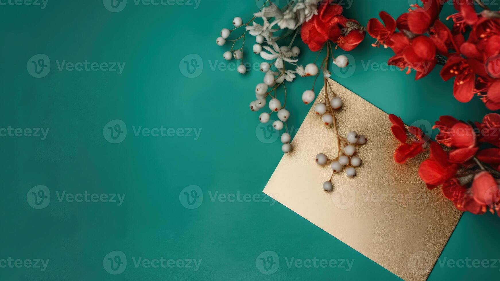 Top View of Golden Invitation Card, Paper Mockup with Cherry Blossom and Berries Twigs on Teal Green Background. . photo