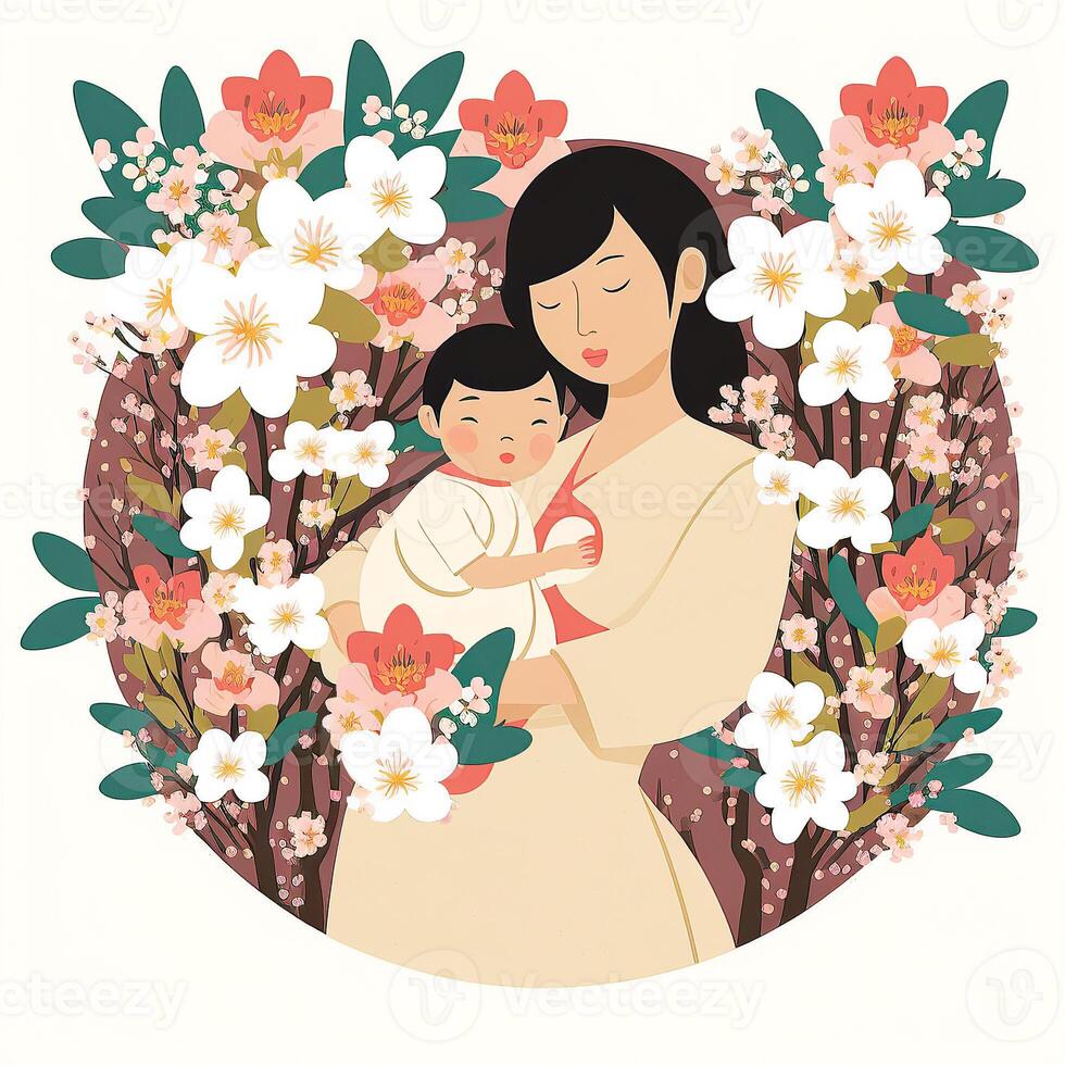 Portrait of Asian Young Woman Lapping Her Son, Floral Decorated on Background. Concept of Mothers Day, Relationship Between Mother and Child. Created By Technology. photo