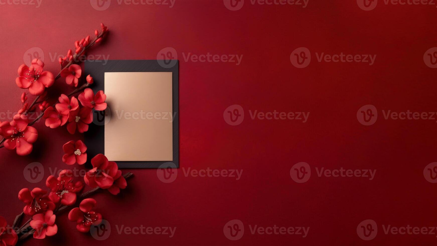 Blank Invitation Card Mockup Flat Lay and Artificial Cheery Branches on Red Background, . photo