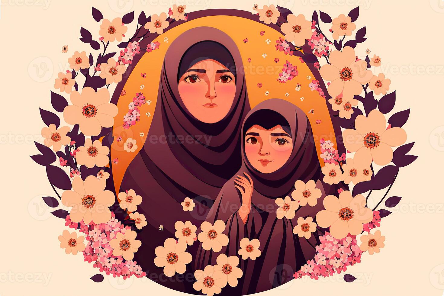 Illustration of Beautiful Arabian Woman with Her Daughter in HIjab, Floral Decorated on Background. Concept of Mother's Day. Created By Technology. photo