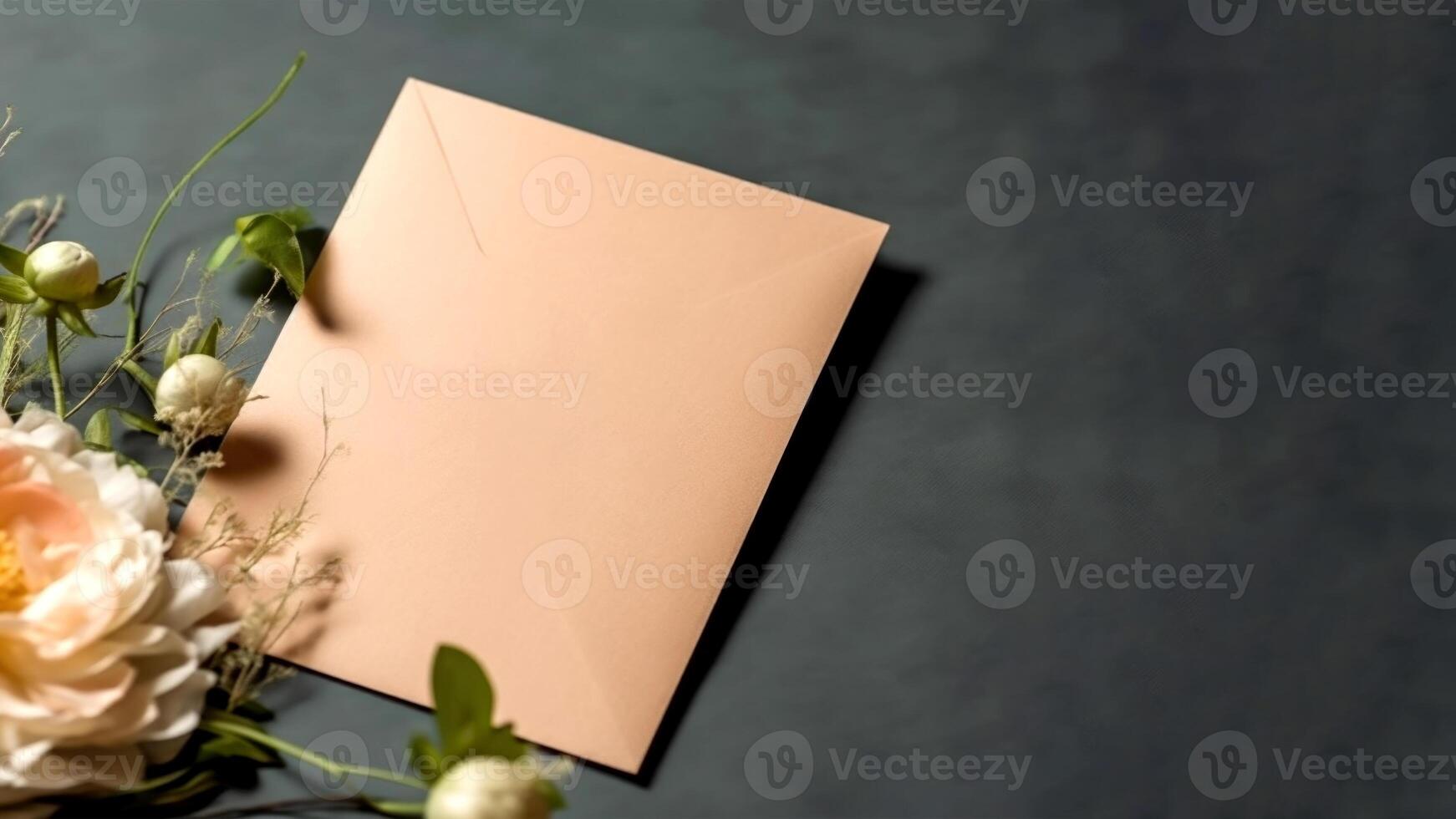 Top View of Invitation Card Mockup and Chrysanthemum Floral on Dark Background, . photo