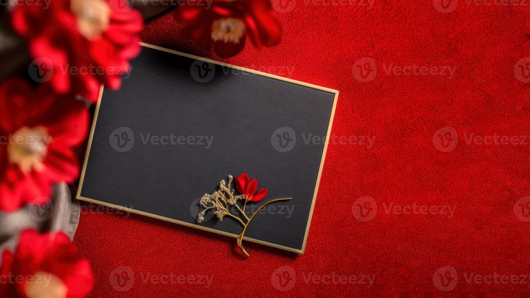 Top View of Blank Frame or Card Mockup with Blur Flowers on Red Grain Texture Background, . photo