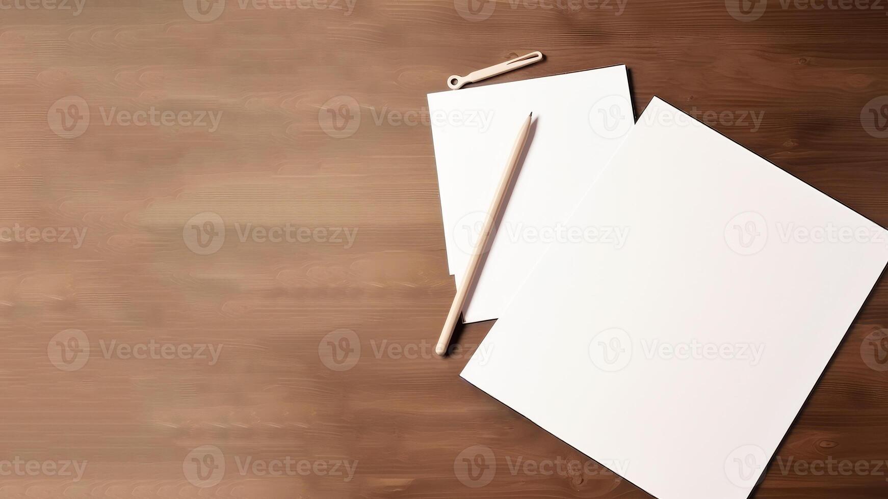 Top View of Blank White Paper Mockup, Large Pencil, Geometric Compass Key on Brown Plank Texture Background. . photo