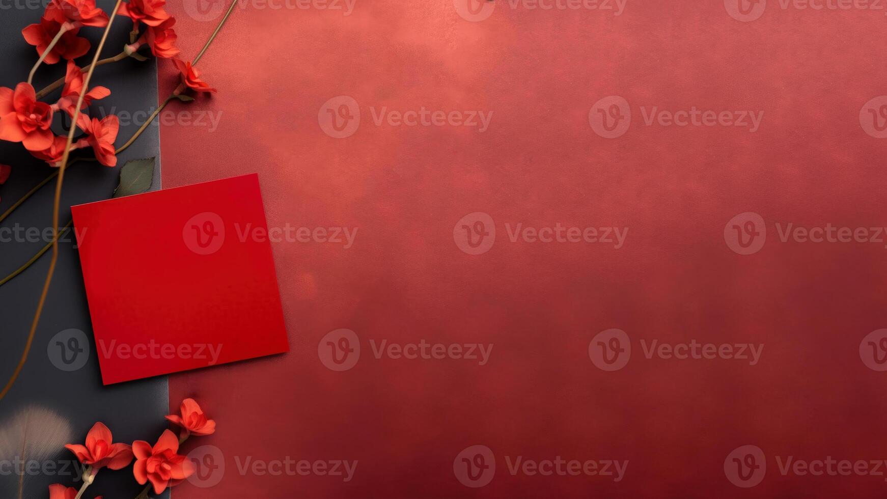 Top View of Blank Paper Card Mockup and Floral Branches on Red Texture Background, . photo