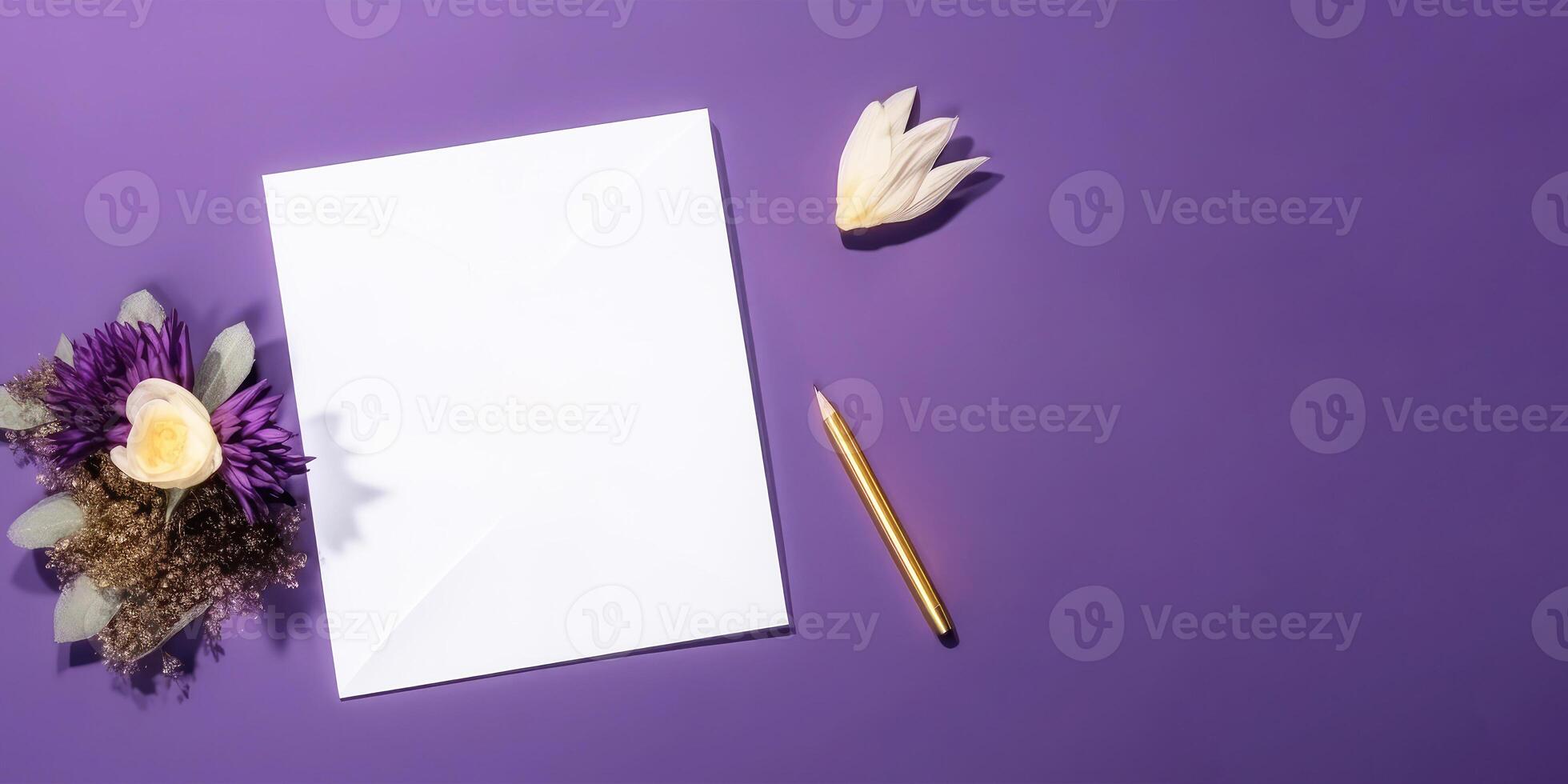 Blank White Paper Card Flat Lay with Golden Pencil, Floral Decorations on Purple Background, Mockup Banner for Design or Product Placement Created Using . photo