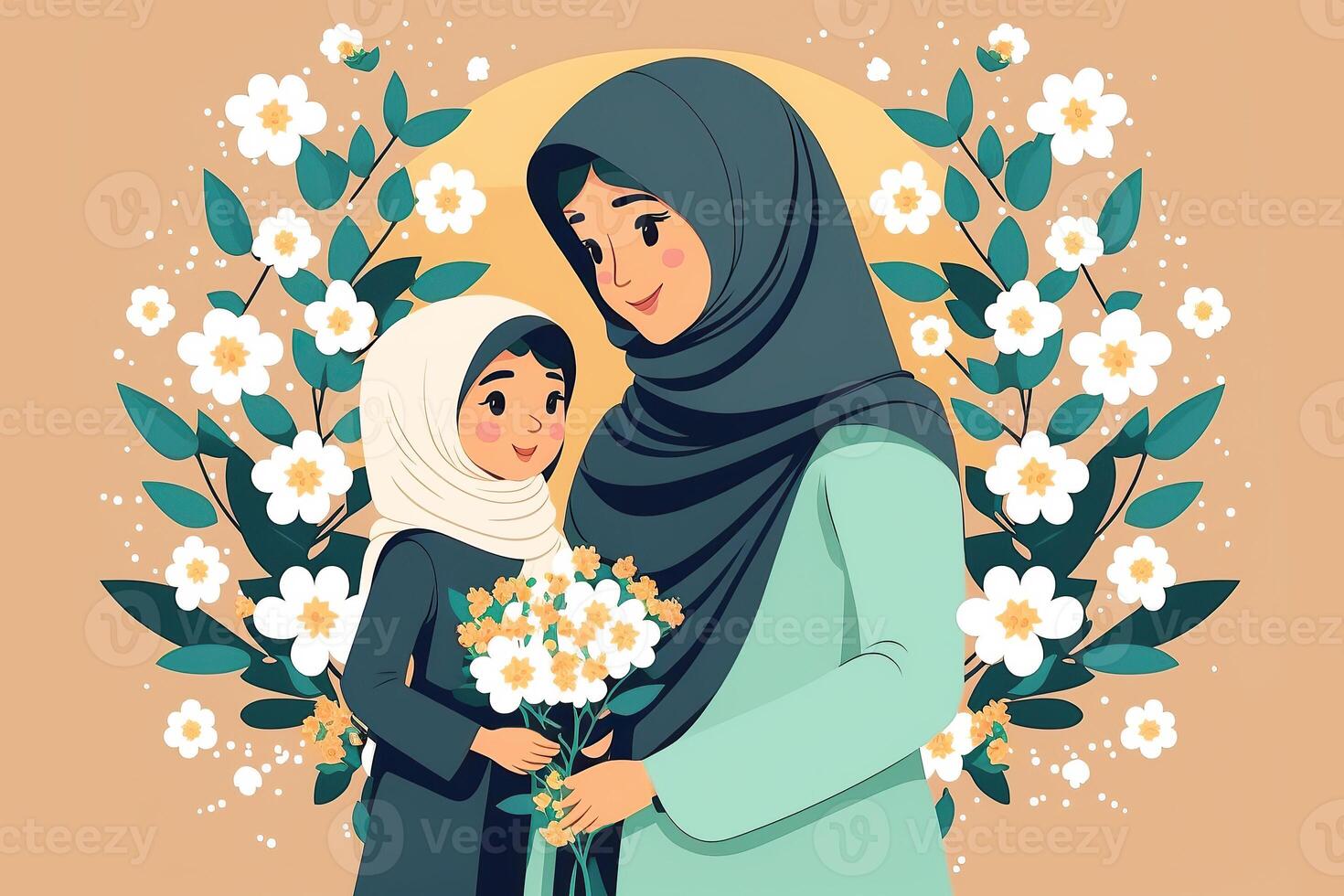 ilustración de hermosa Arábica niña en hijab dando ramo de flores a su madre, floral decorado en antecedentes. concepto de de la madre día. creado por generativo ai tecnología. foto