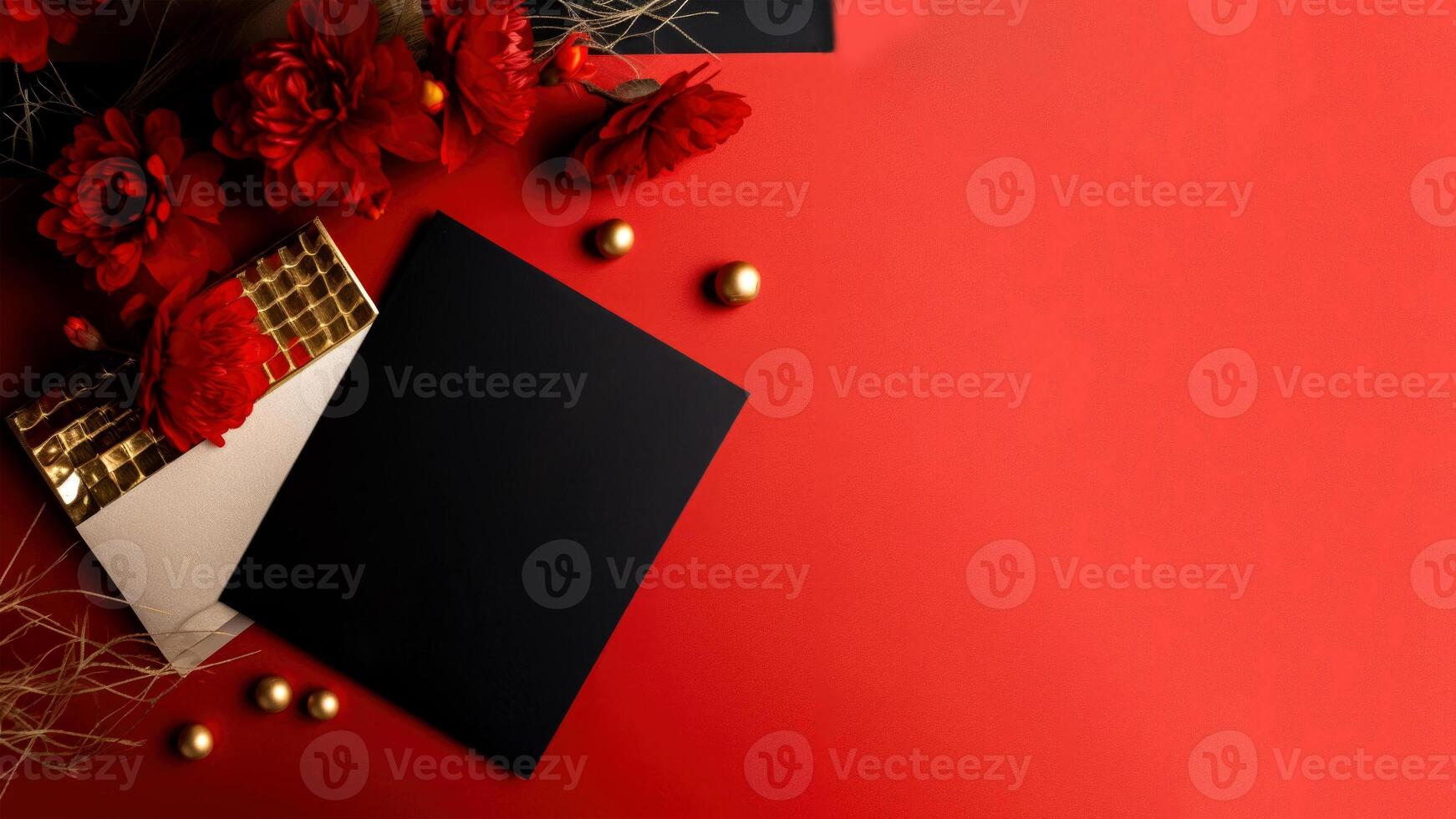 Top View of Invitation Card, Paper Mockup with Beautiful Chrysanthemum Flowers, Golden Pearls on Red Background. . photo