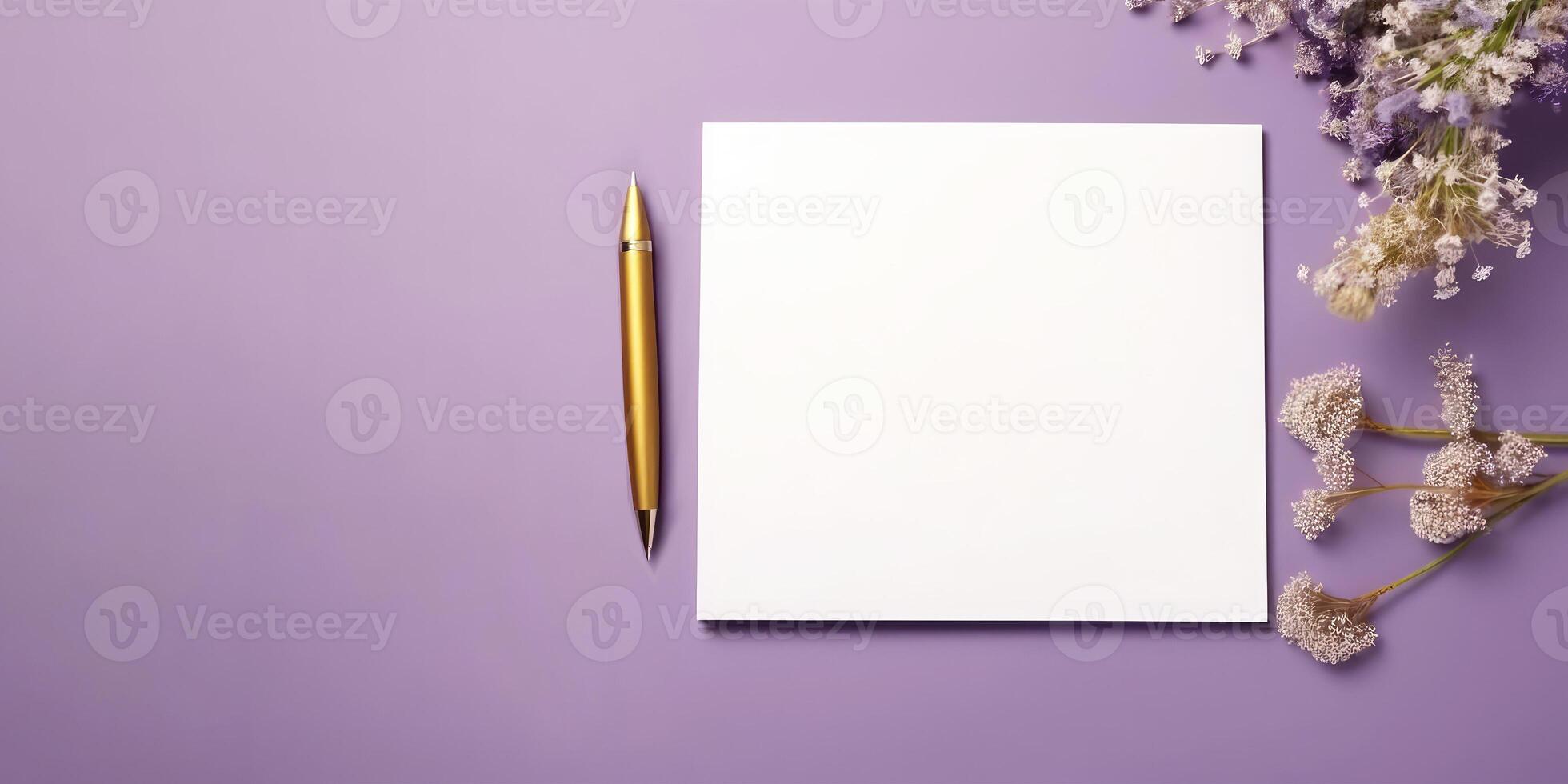 Blank White Paper Card Flat Lay with Golden Trendy Pen, Flower Branches on Pastel Purple Background. Mockup Banner for Design or Product Placement Created Using . photo