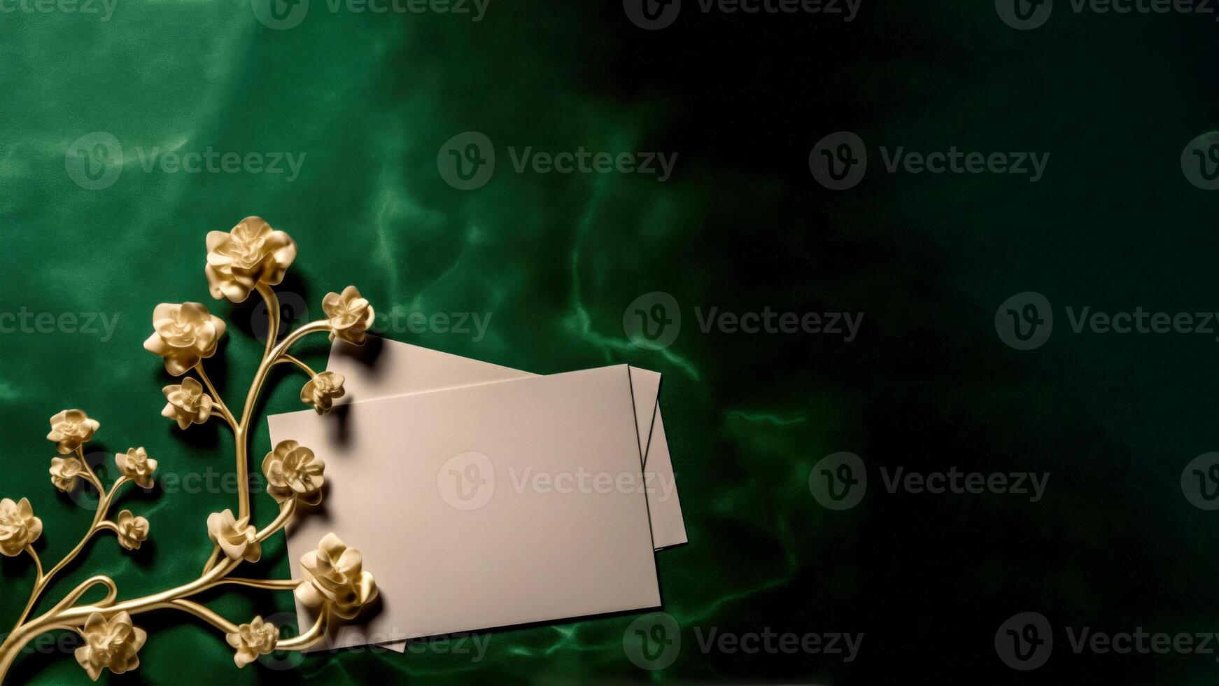 Blank Paper Cards Mockup Flat Lay with Golden Rose Branch on Green Marble Texture Background, . photo