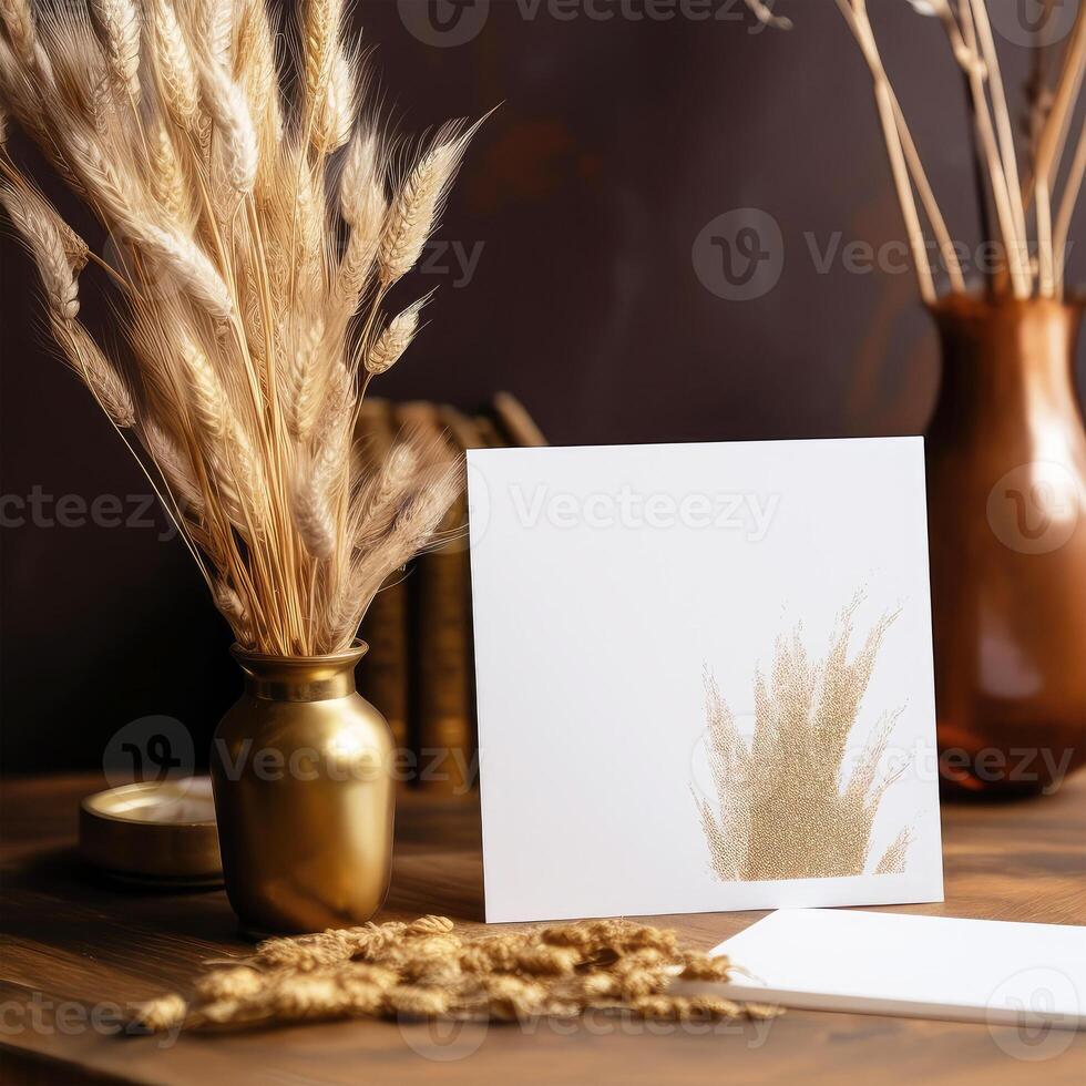 White Paper Card Mockup with Golden Grain, Dry Grass Vase on Wooden Table, . photo