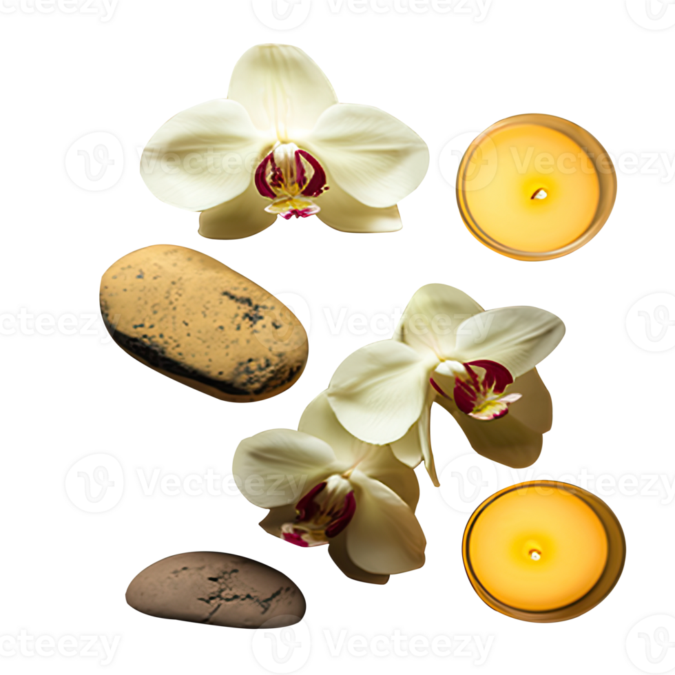 Spa or Natural Treatment Setup of Orchid Flowers, Candles and Pebble on Transparent Background. . png