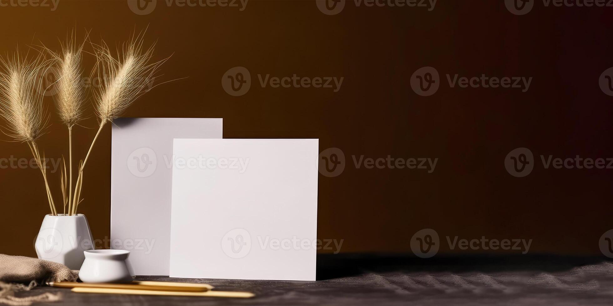 White Paper Cards with Dry Grass Vase on Brown Background, Mockup Banner for Design or Product Placement Created Using . photo