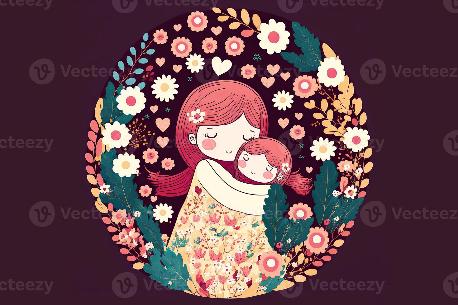 linda ilustración de joven madre abrazando su hija, circular floral marco en fondo, concepto de madres día. generativo ai. foto