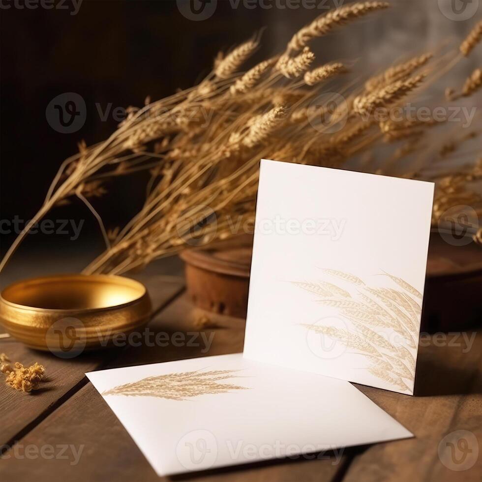 blanco papel tarjetas Bosquejo con dorado seco grano césped en de madera mesa, generativo ai. foto