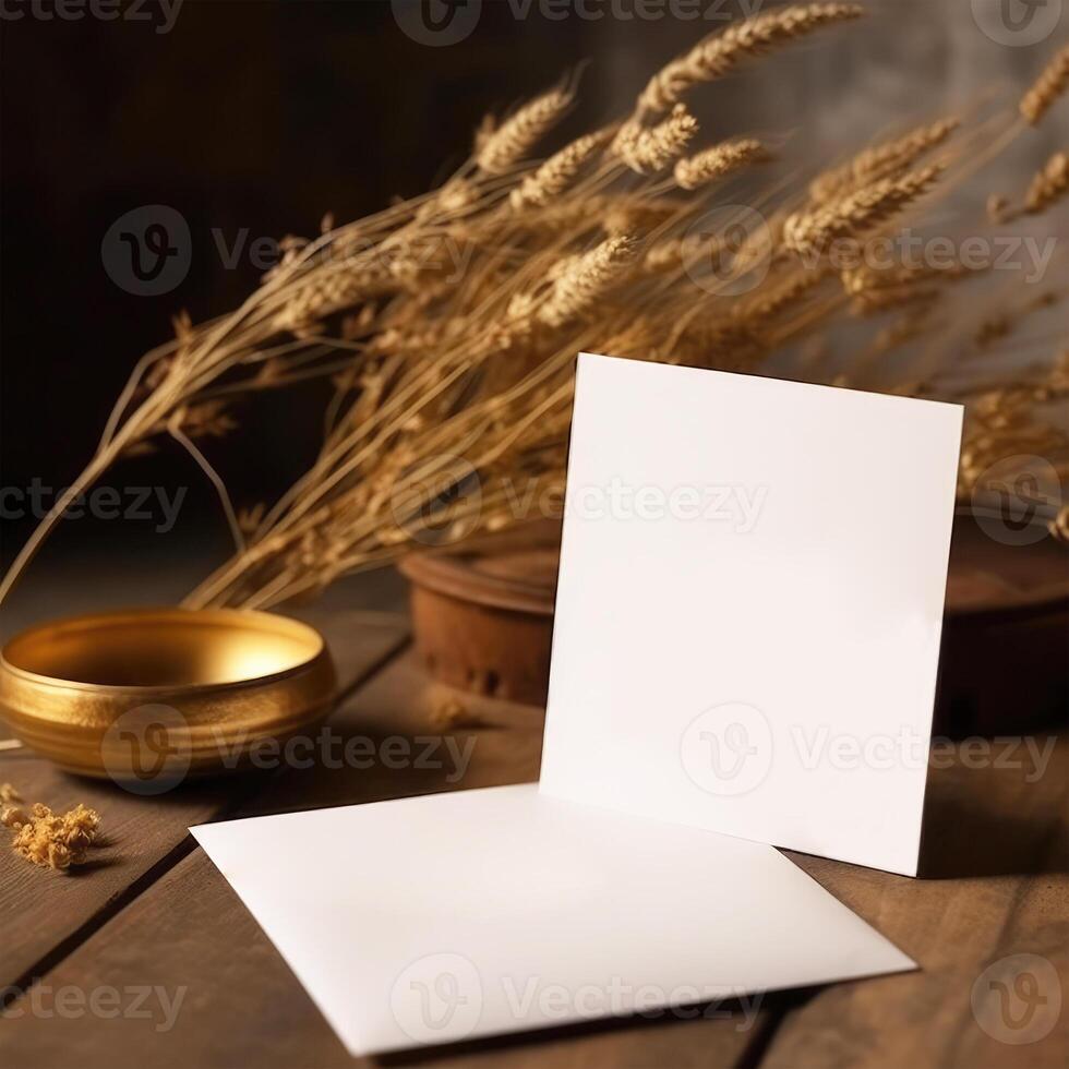 Blank White Paper Cards Mockup with Golden Dry Grain Grass on Wooden Table, . photo