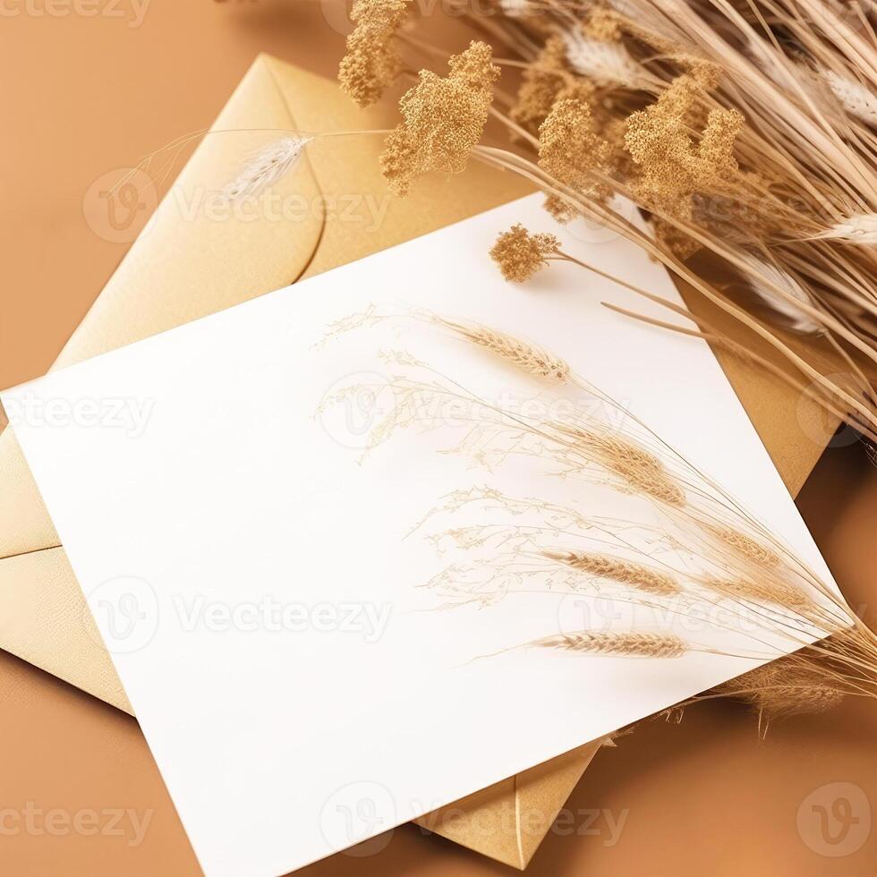 Top View of Invitation Card, Envelope Mockup with Golden Dry Grass on Brown Background. . photo