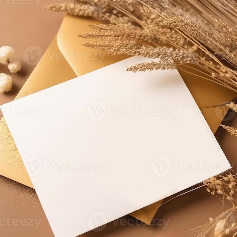 Top View of Blank Invitation Card, Envelope Mockup with Golden Dry Grass on Brown Background, . photo
