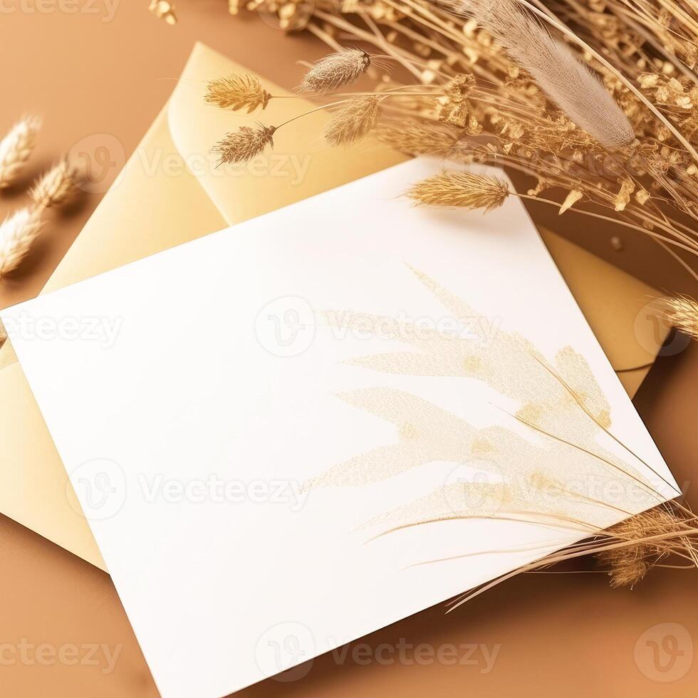 Top View of Invitation Card, Envelope Mockup with Golden Dry Grass on Brown Background. . photo