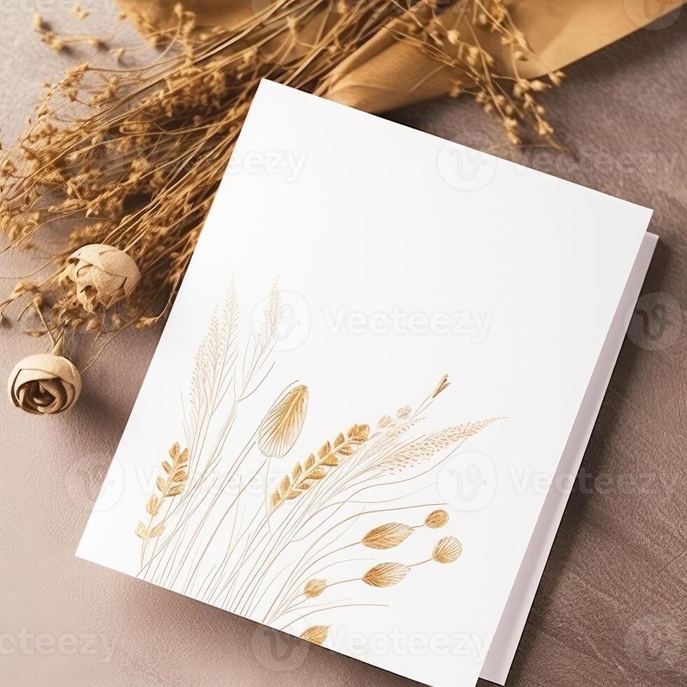 White Paper Card with Golden Floral Embossing Mockup, . photo