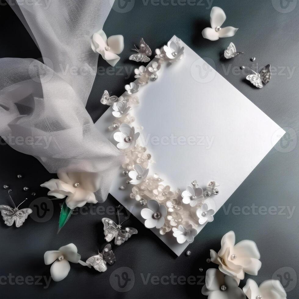 Top View 3d Wallpaper, Blank Paper Card Mockup with Net Fabric, Beautiful White Flowers Having Bright Light Color Incredibly Detailed Butterflies. . photo