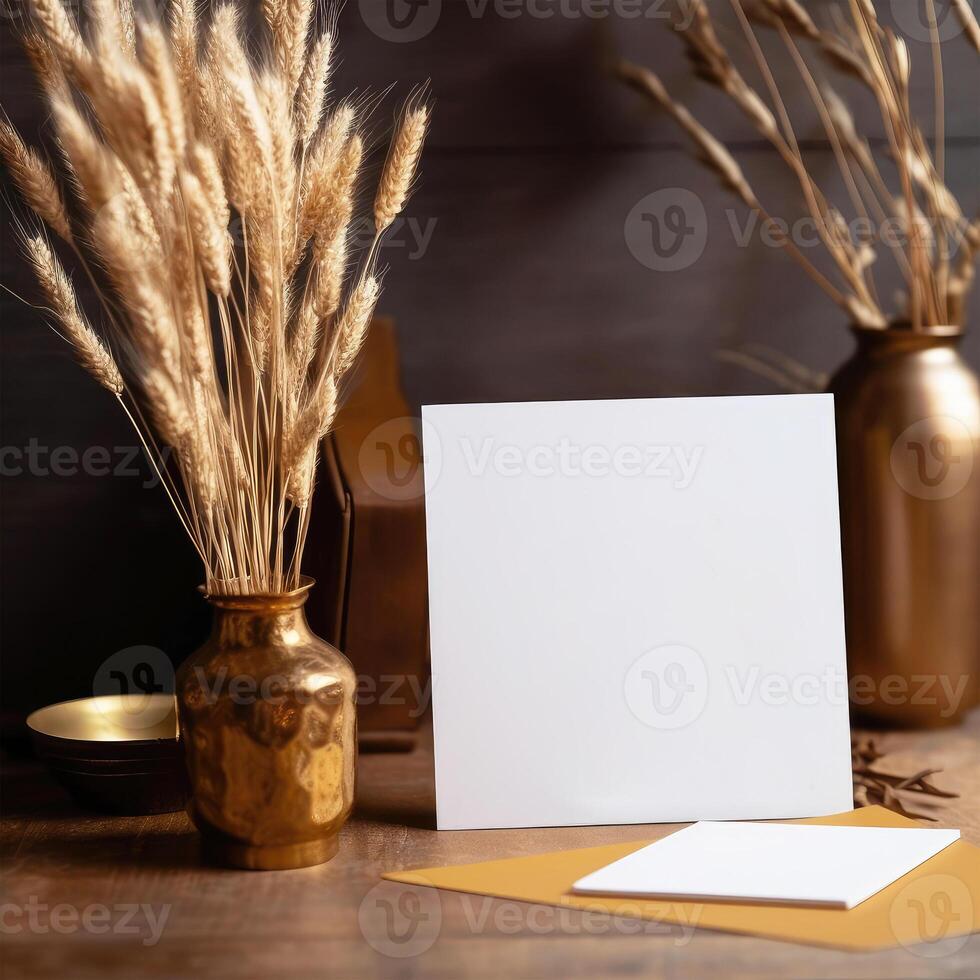 Blank White Paper Card Mockup with Golden Dry Grain Grass Vase on Wooden Table, . photo