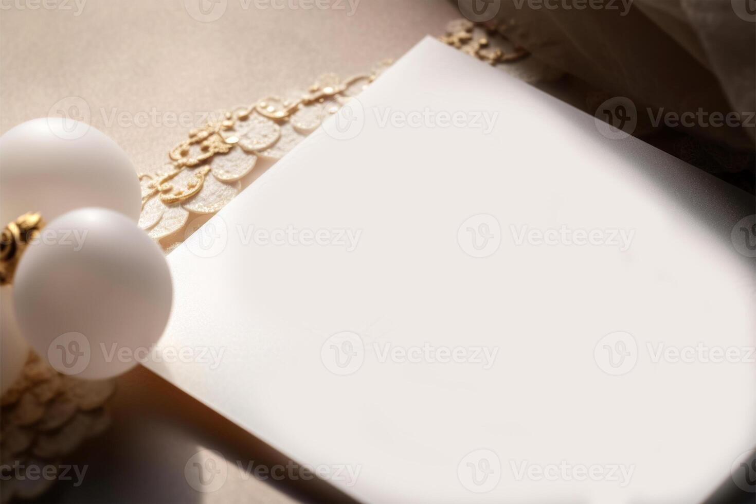 Closeup Flat Lay of Blank Paper Card Mockup with Pearls, Jewellery on Beige Background, . photo