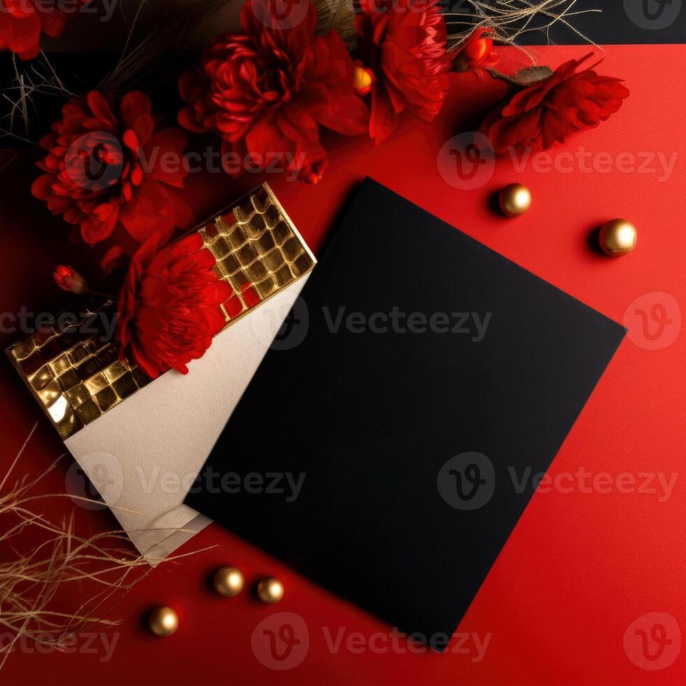 Top View of Blank Invitation Card, Paper Mockup with Beautiful Chrysanthemum Flowers, Golden Pearls on Red Background. . photo