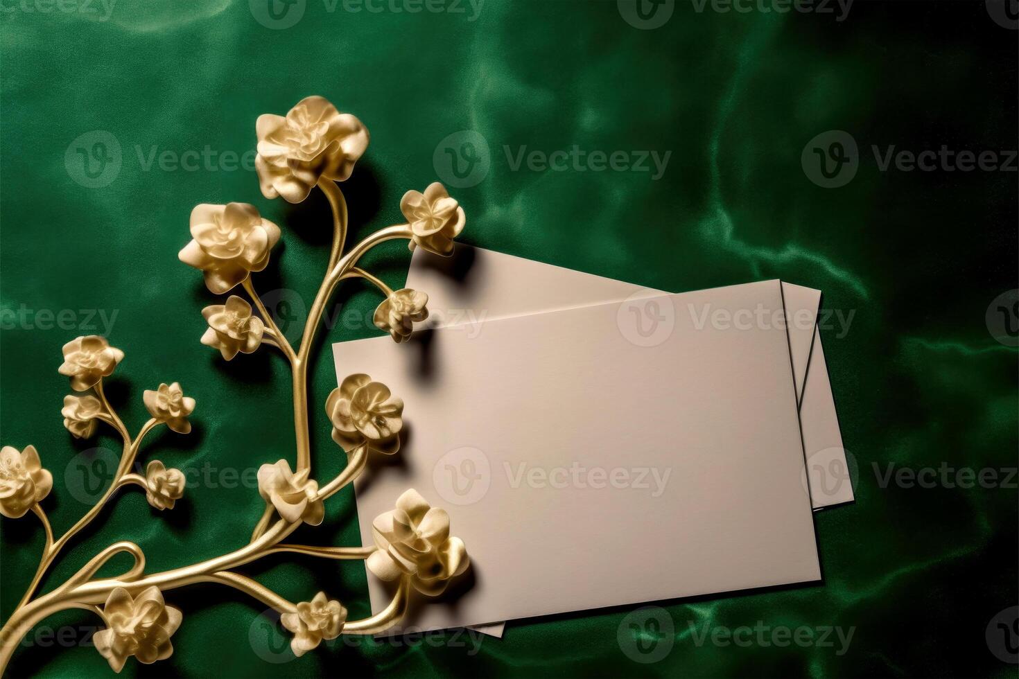 blanco papel tarjetas Bosquejo plano laico con dorado Rosa rama en verde mármol textura fondo, generativo ai. foto