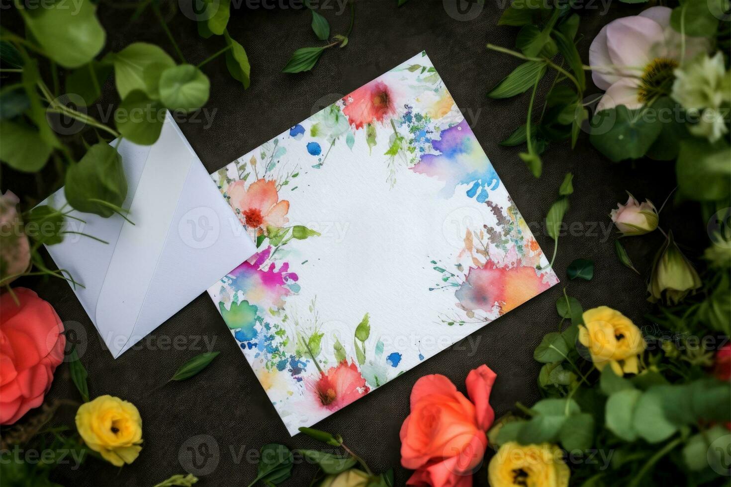 Top View of Watercolor Floral Greeting Card Mockup on Background, Generative AI. photo