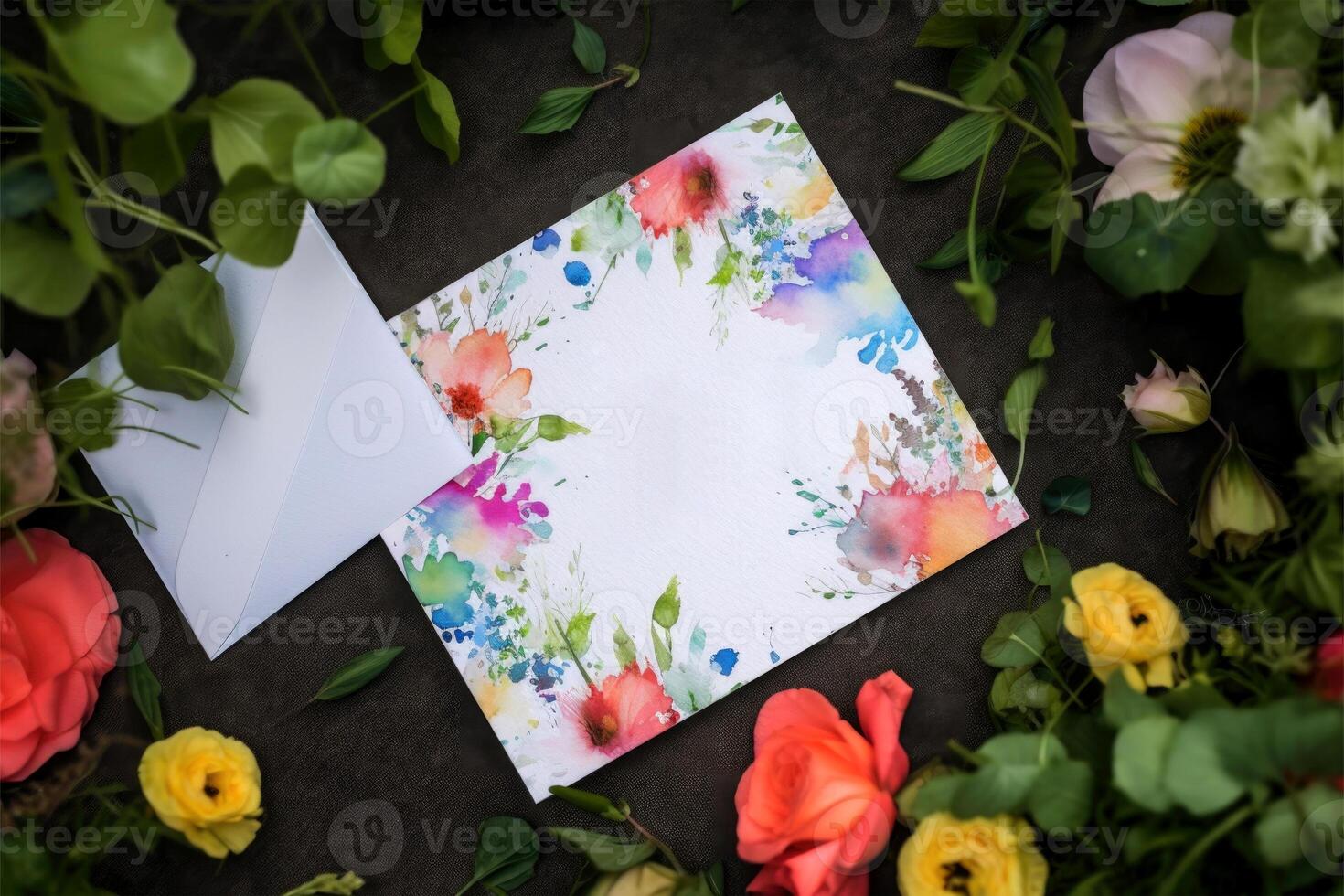 Top View of Watercolor Floral Greeting Card Mockup on Background, . photo