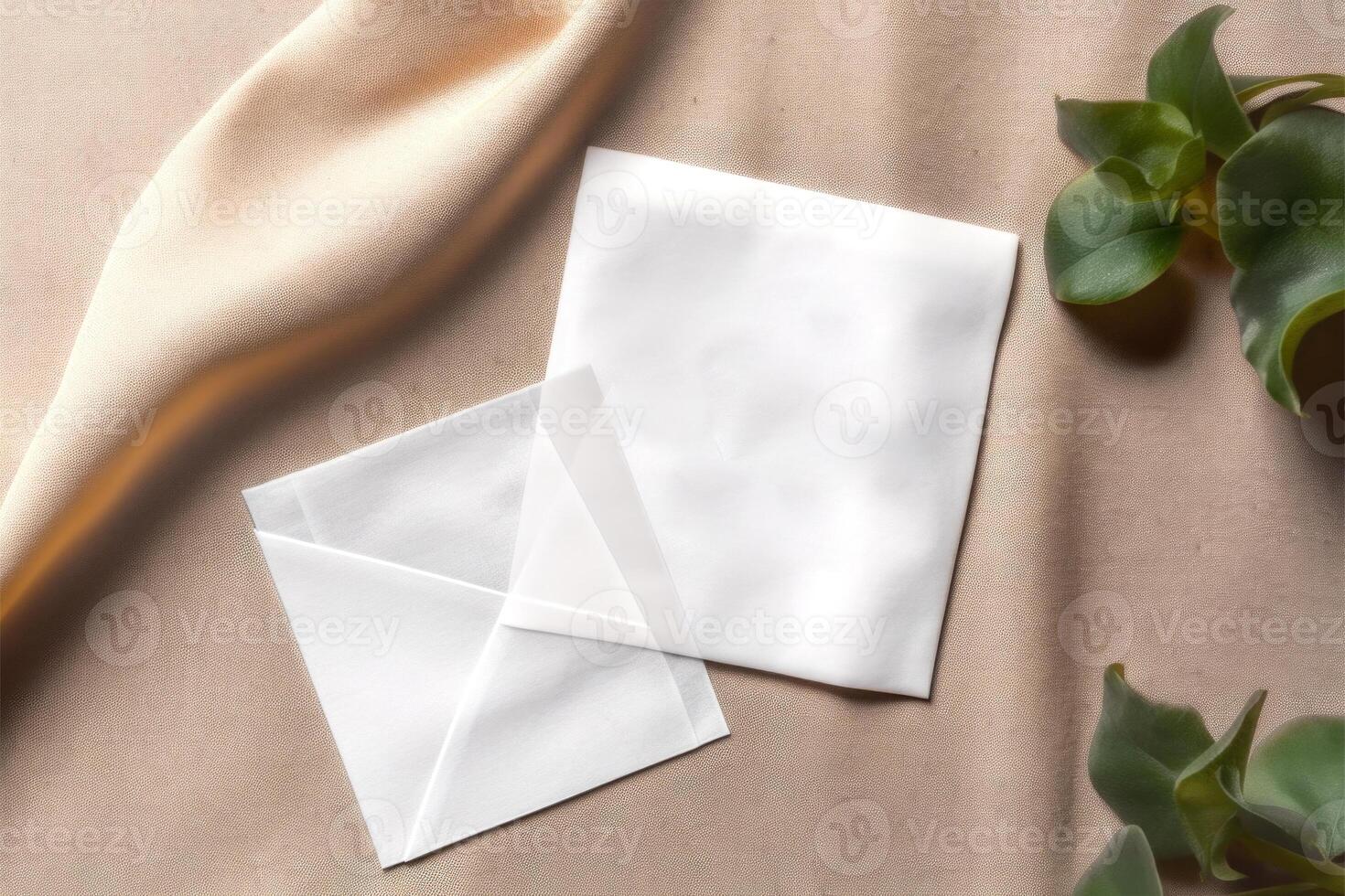 White Paper Card, Envelope Mockup Flat Lay and Green Leaves on Shiny Crumpled Fabric Texture Background, . photo