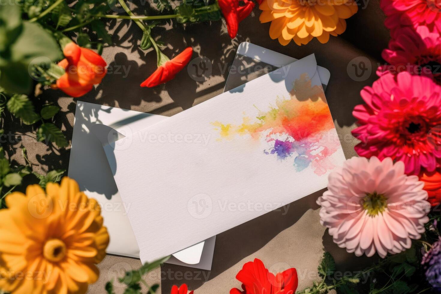Top View of White Paper Mockup and Gerbera Floral Background, . photo