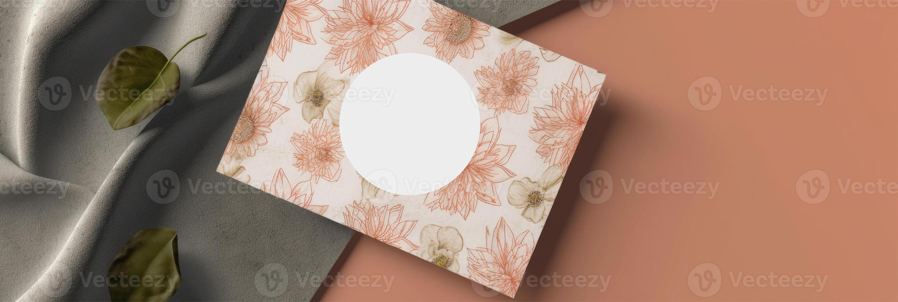 Top View of Floral Greeting Card Mockup and Crumpled Fabric on Brown Background, . photo