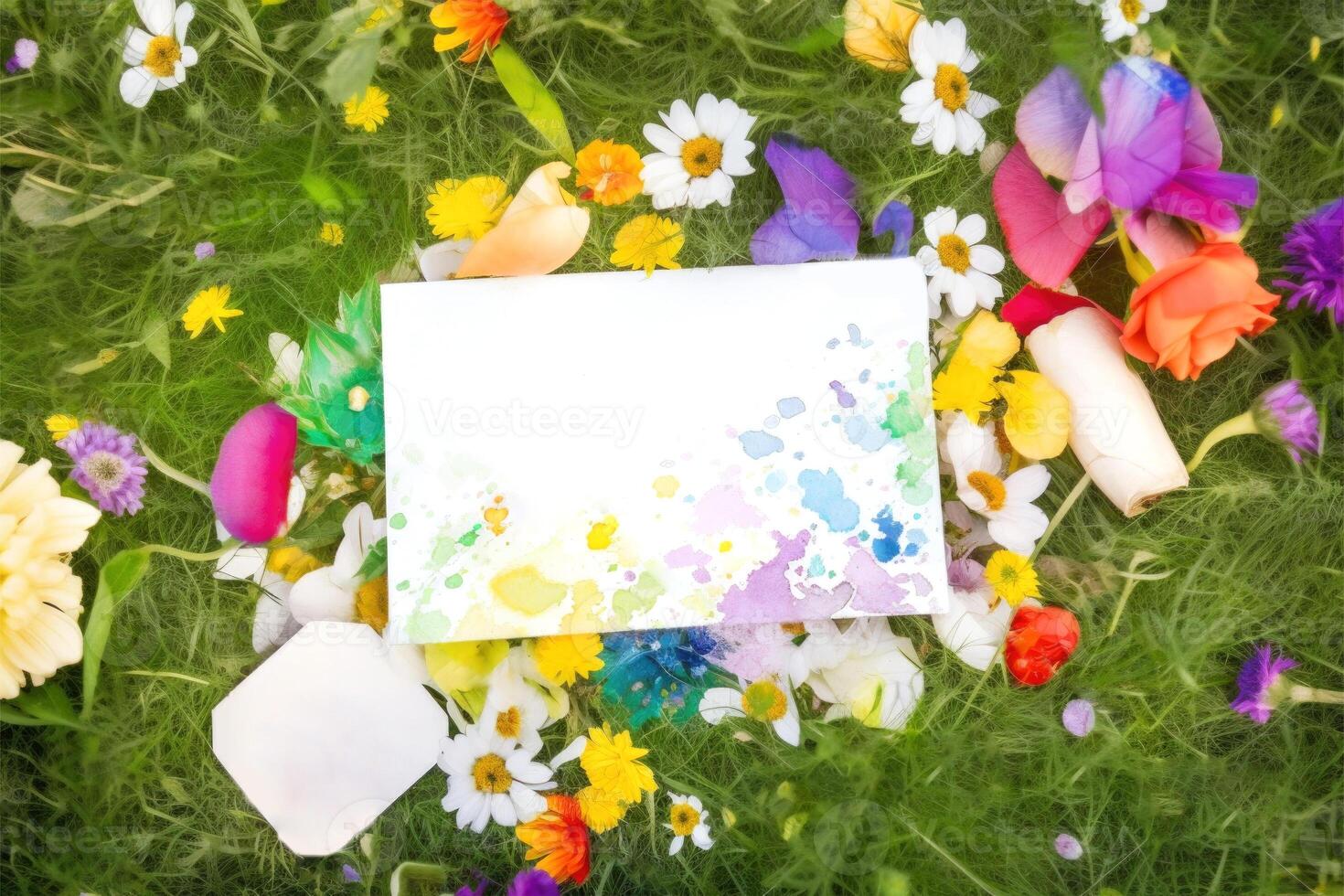 Top View of Watercolor Splatter Paper Mockup on Various Flowers and Green Grass Meadow Background, . photo
