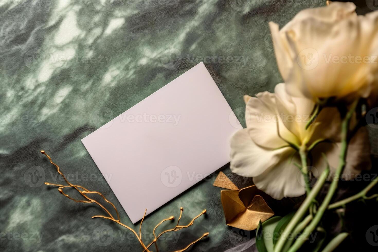 Top View of Blank Paper Card Mockup with Floral Decorations on Green Marble Texture Background, . photo