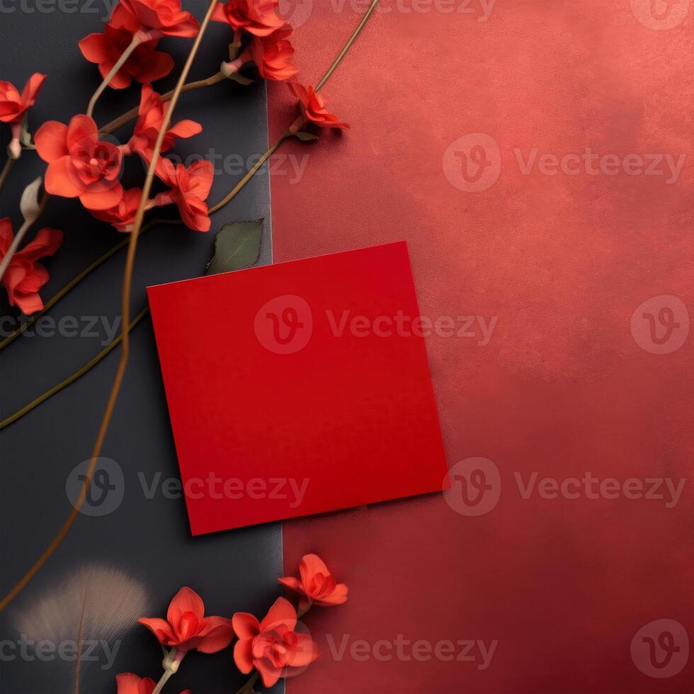 Top View of Blank Paper Card Mockup and Floral Branches on Black and Red Texture Background, . photo