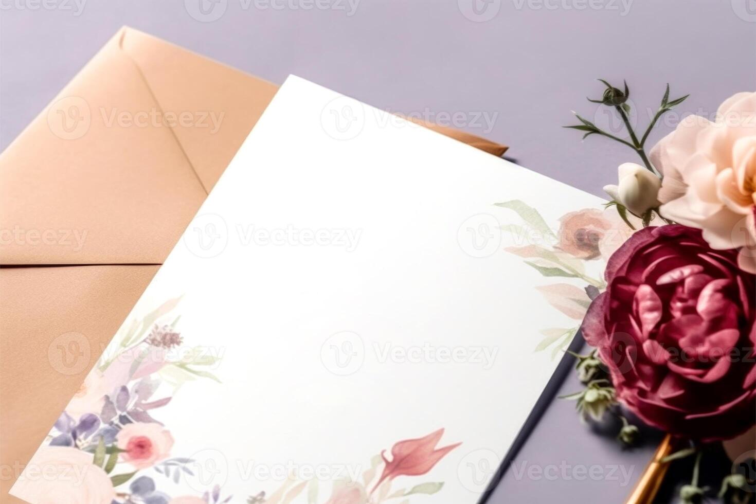 Top View of Floral Wedding Invitation Card Mockup, . photo