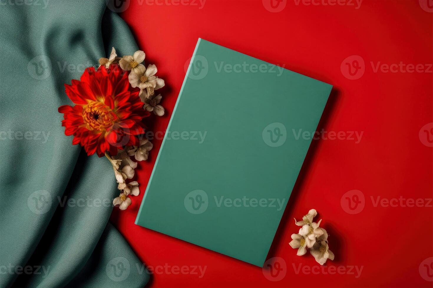 Top View of Teal Green Paper Card Mockup with Flowers, Woven Fabric on Red Background, . photo