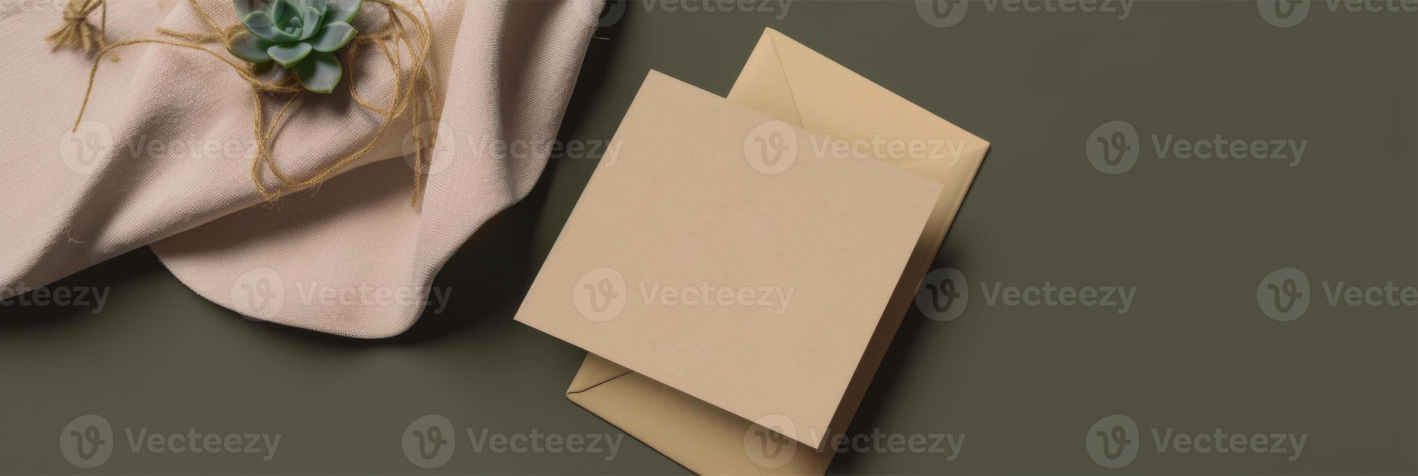 Top View of Kraft Paper Card, Envelope Mockup and Crumpled Fabric on Olive Background, . photo