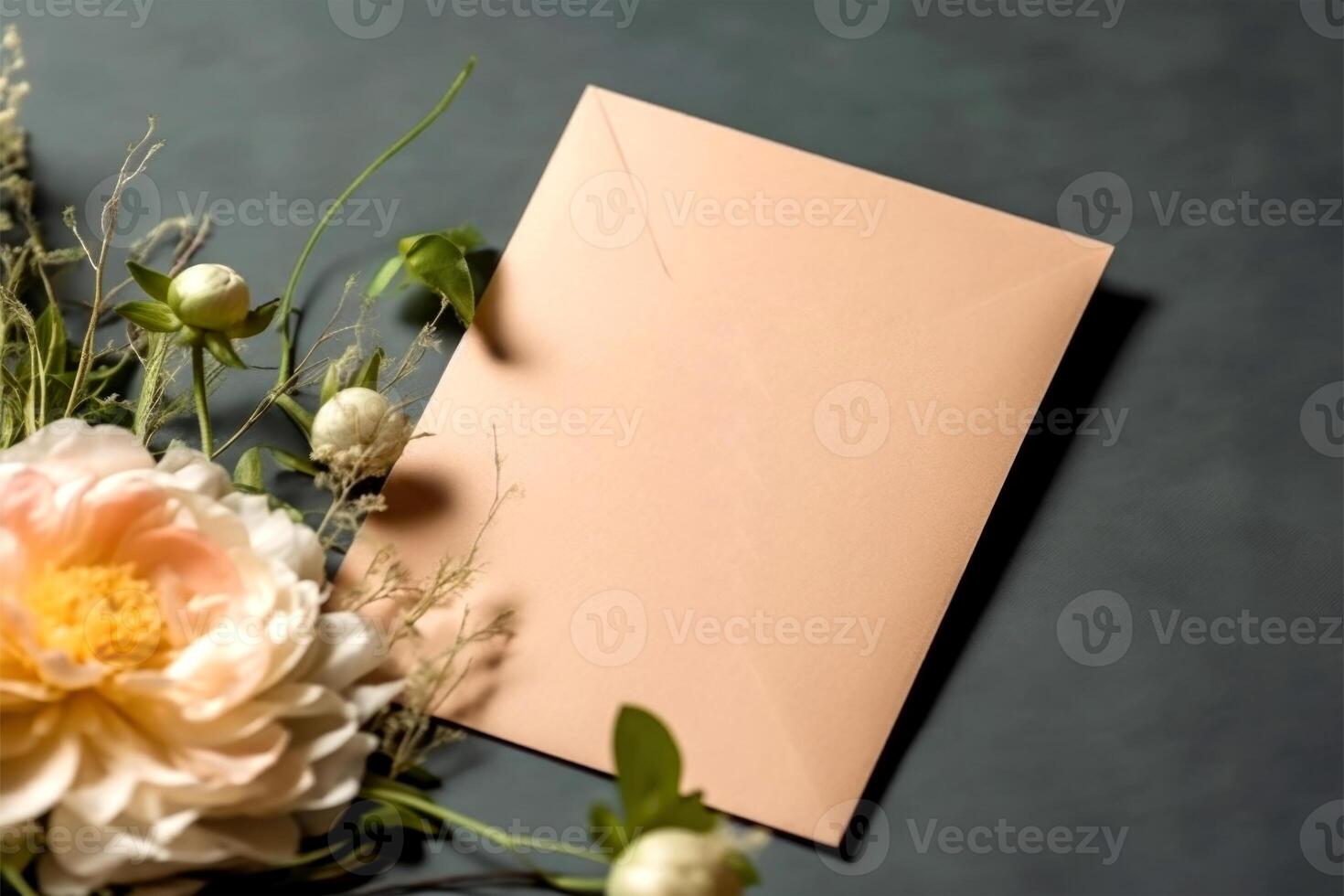 Top View of Invitation Card Mockup and Chrysanthemum Floral on Dark Background, . photo