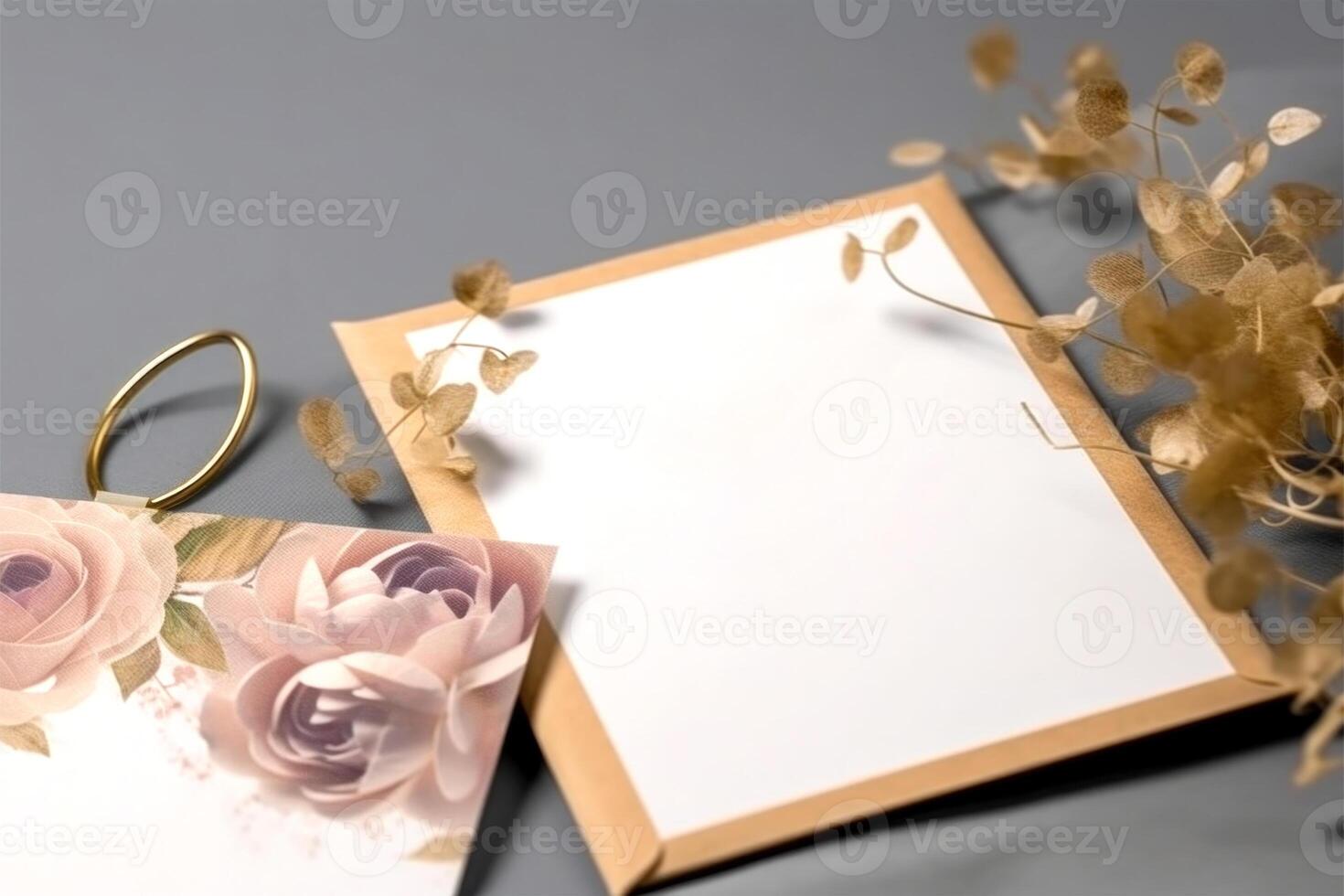 Top View of Floral Wedding Invitation Card Mockup and Golden Dried Leaves on Gray Background, . photo